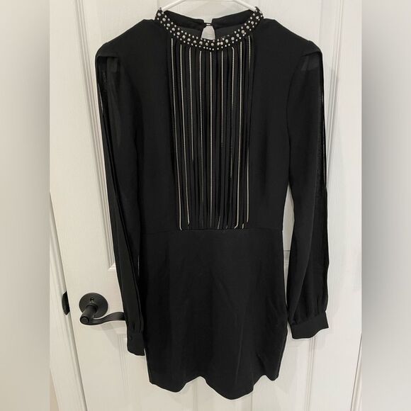 Black Rhinestone Beaded Fringe Front Split Sleeve Mini Dress Women’s Size S - Picture 1 of 9